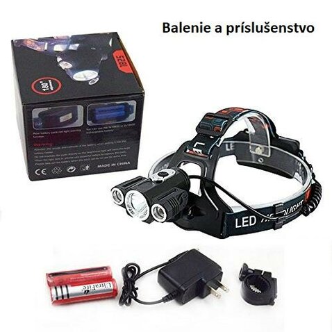 Čelovka s 3 LED cree svetlami XML-T6 nabíjateľná