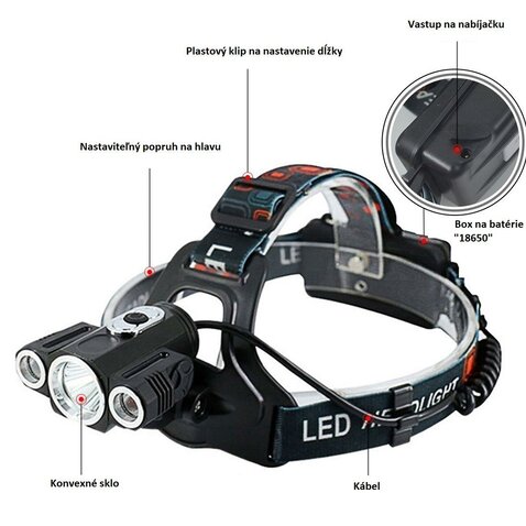 Čelovka s 3 LED cree svetlami XML-T6 nabíjateľná