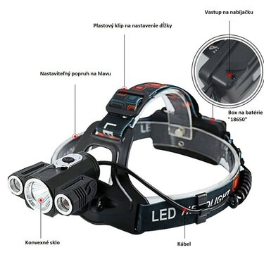 Čelovka s 3 LED cree svetlami XML-T6 nabíjateľná