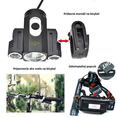 Čelovka s 3 LED cree svetlami XML-T6 nabíjateľná